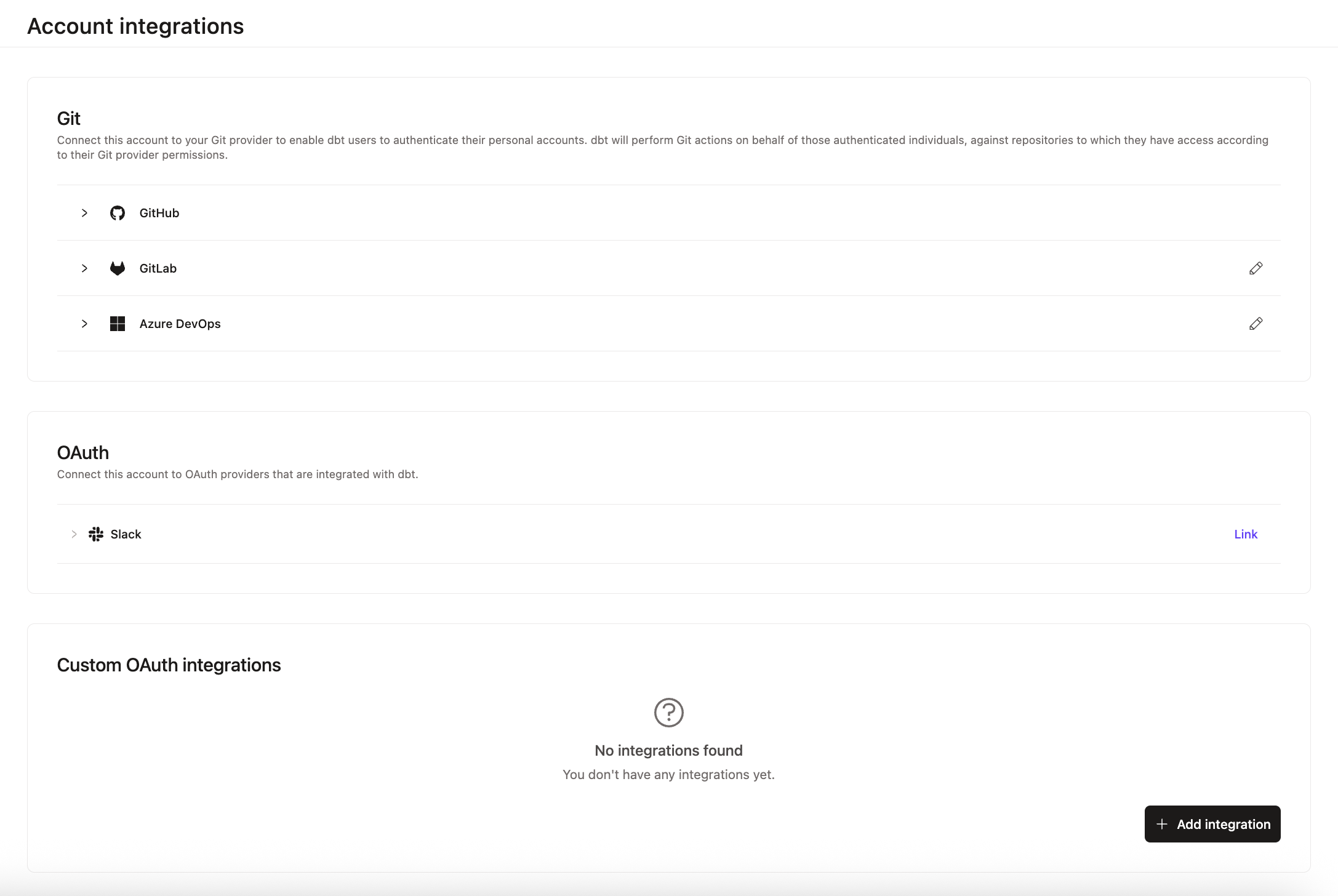 Example of Account integrations from the sidebar Example of Account integrations from the sidebar